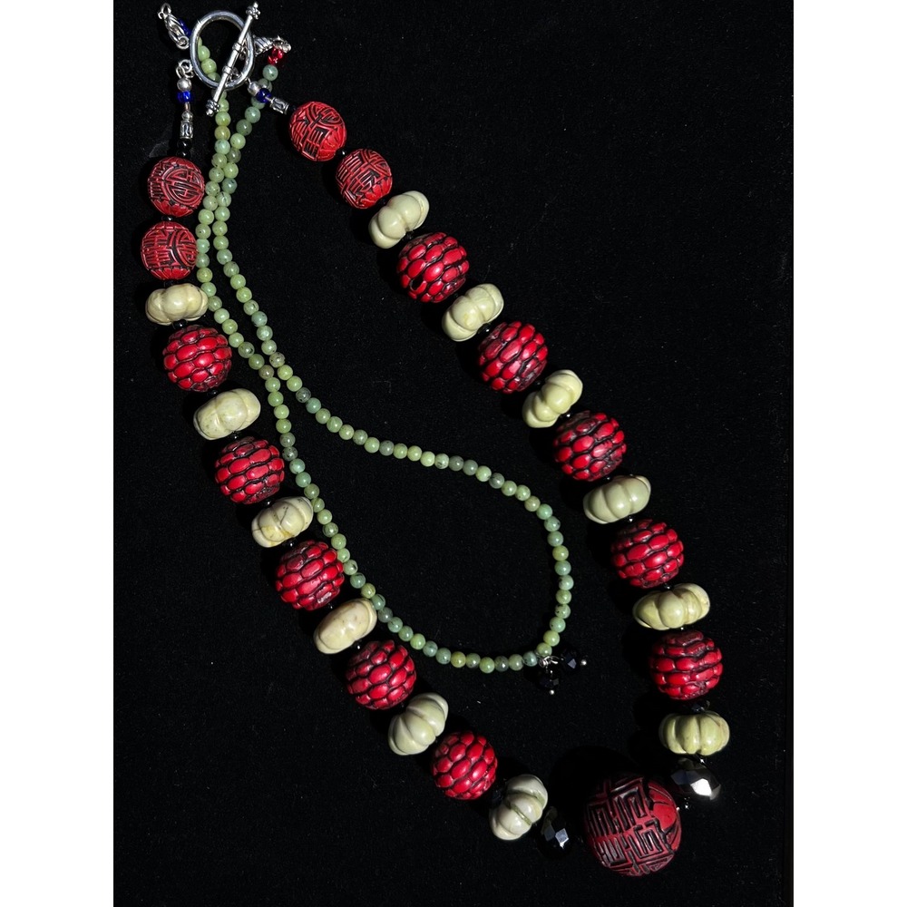 VTG Chinese Carved Cinnabar Jade Bowenite Beaded 2 Strand Statement Necklace